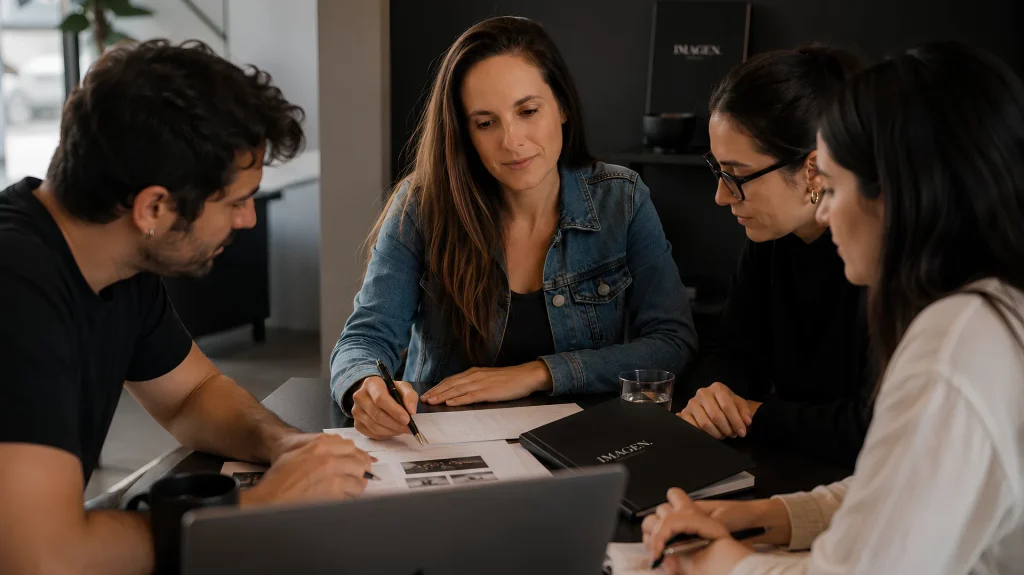 Equipo de Agencia Imagen en una reunión de trabajo revisando documentos de marca
